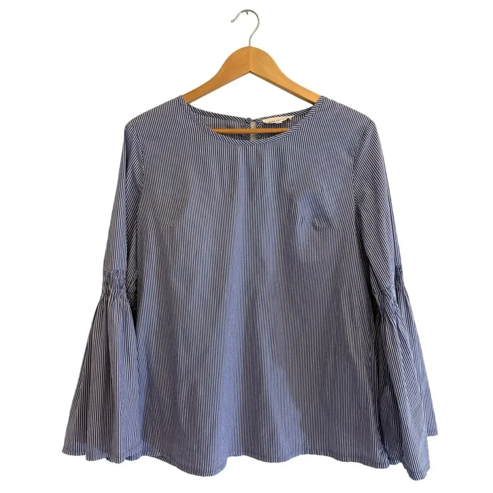 Solitaire Women's Large Blouse Blue White Stripe Long Bell Sleeve 4th of July - Picture 1 of 6